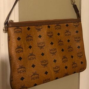 Cognac interior zip pouch with shoulder strap